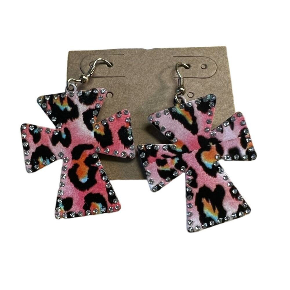 Pink Animal Print Crystal Embellished Metal Cross Earrings